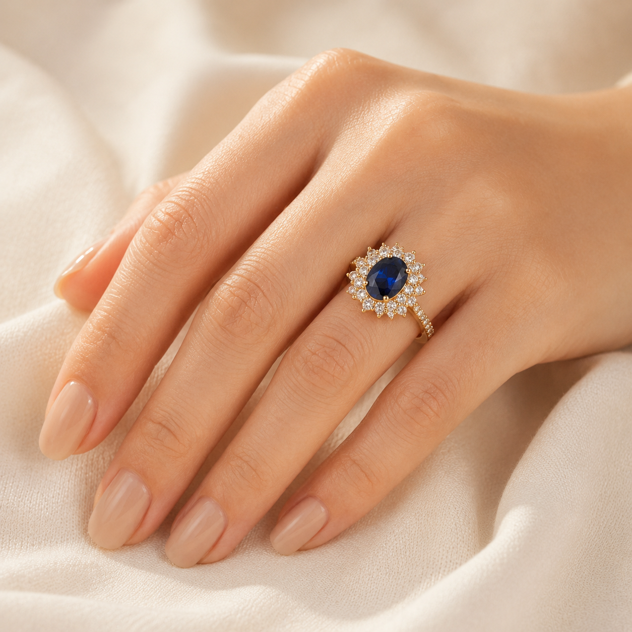Gold Sapphire Halo Ring