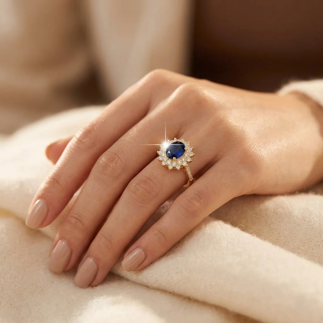 Gold Sapphire Halo Ring