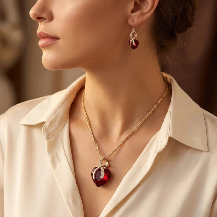 Gold Ruby Twisted Heart Jewellery Set