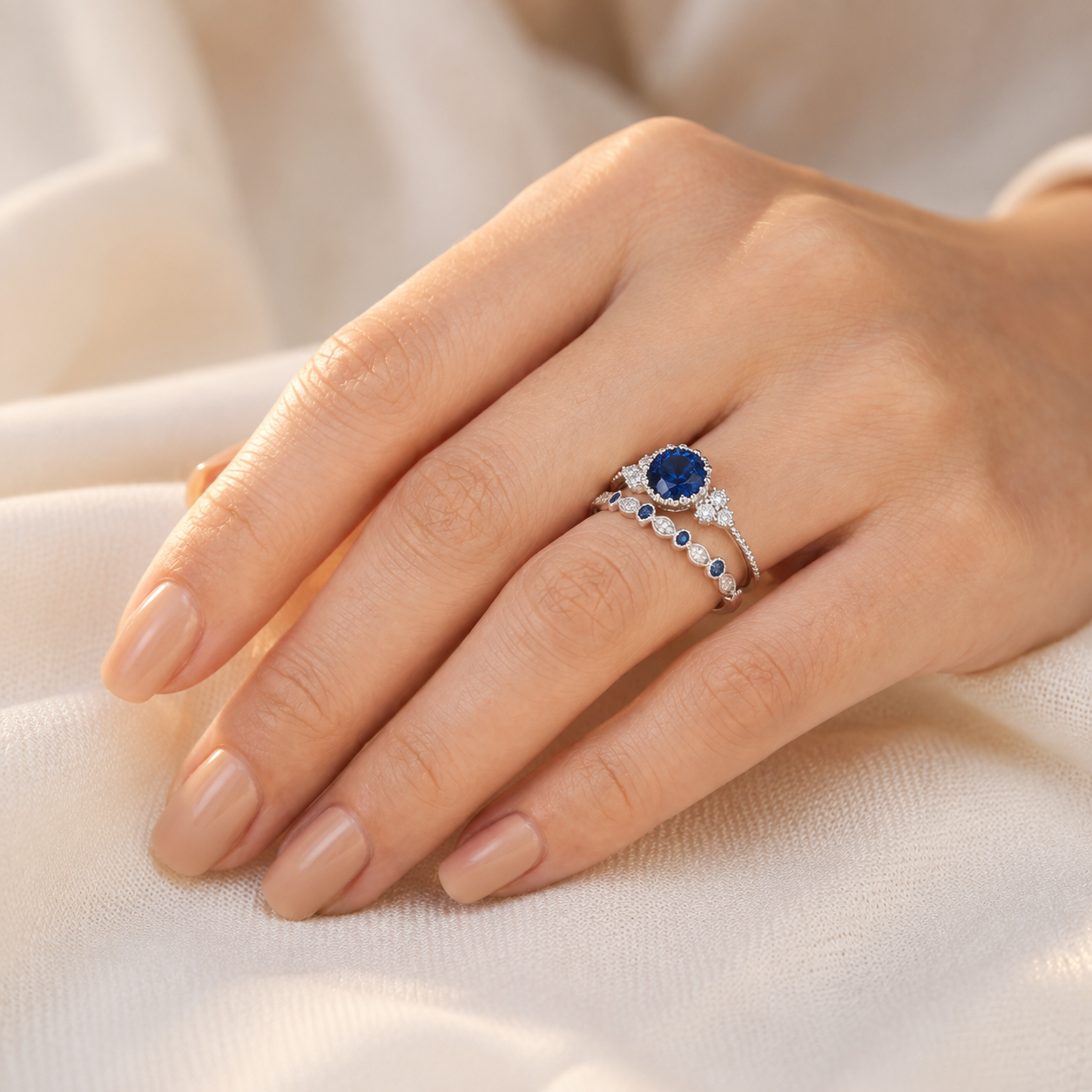 Silver Sapphire Halo Ring