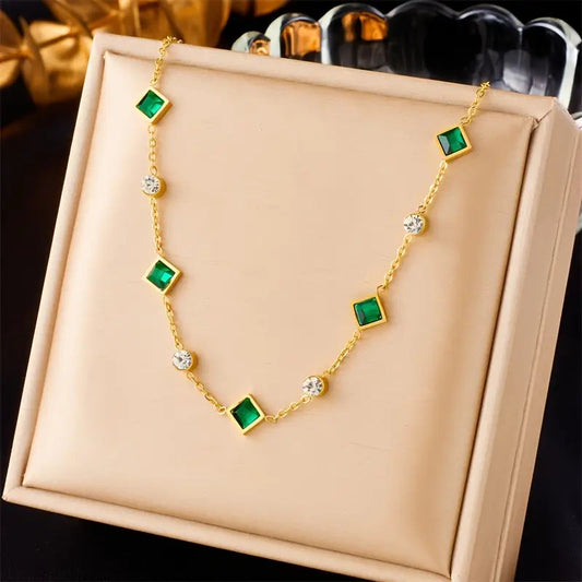 Gold Emerald Geometric Station Necklace