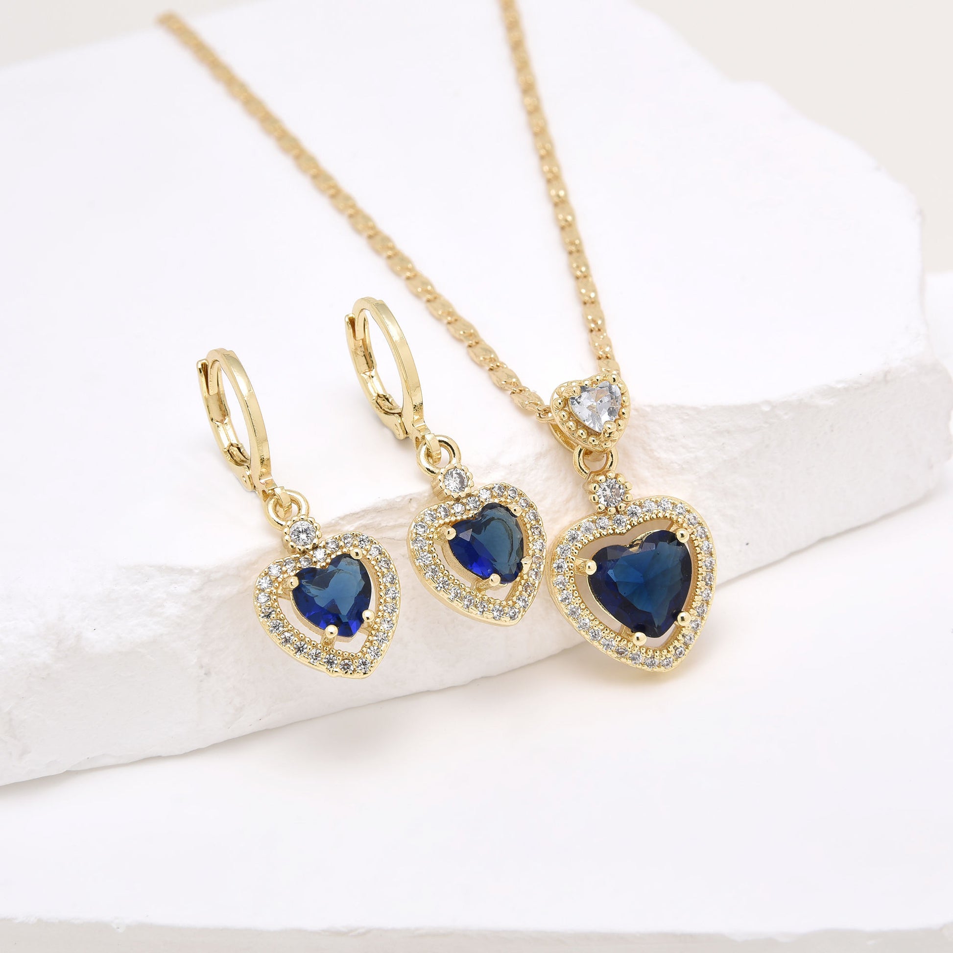 Gold Sapphire Heart Necklace and Earrings Set