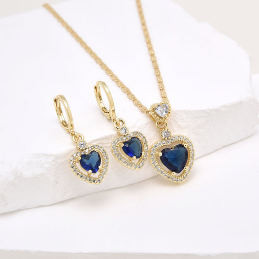 Gold Sapphire Heart Necklace and Earrings Set