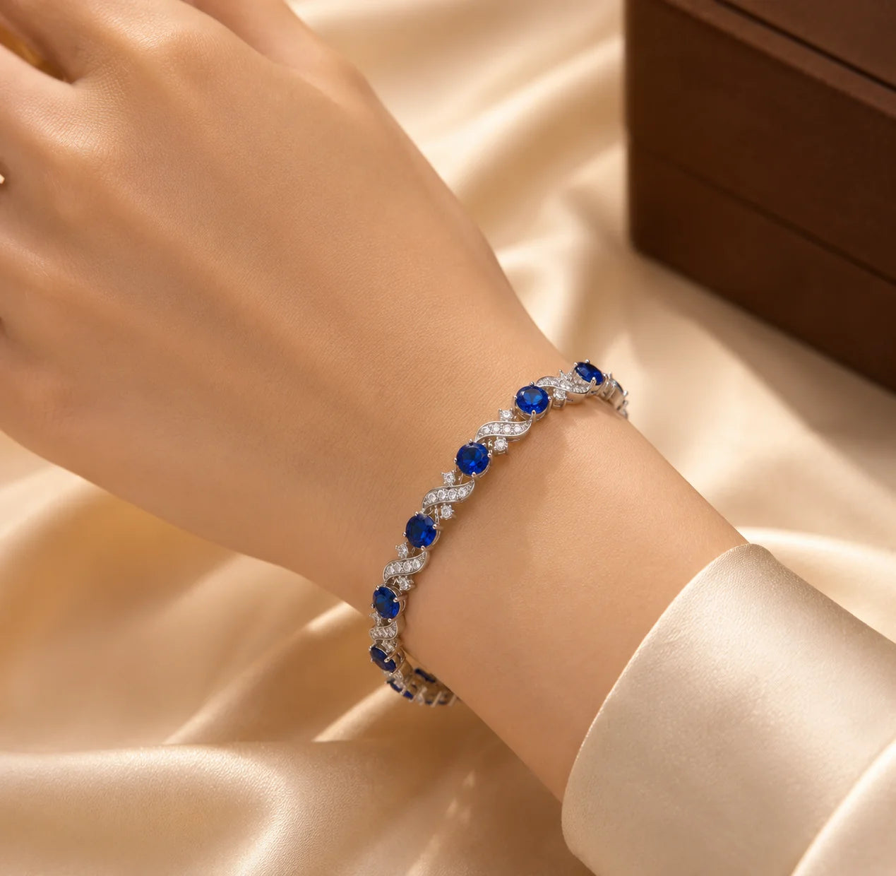 Silver Sapphire Floral Link Bracelet