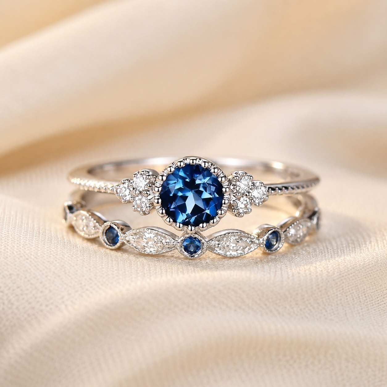 Silver Sapphire Halo Ring
