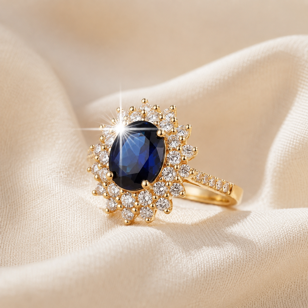 Gold Sapphire Halo Ring