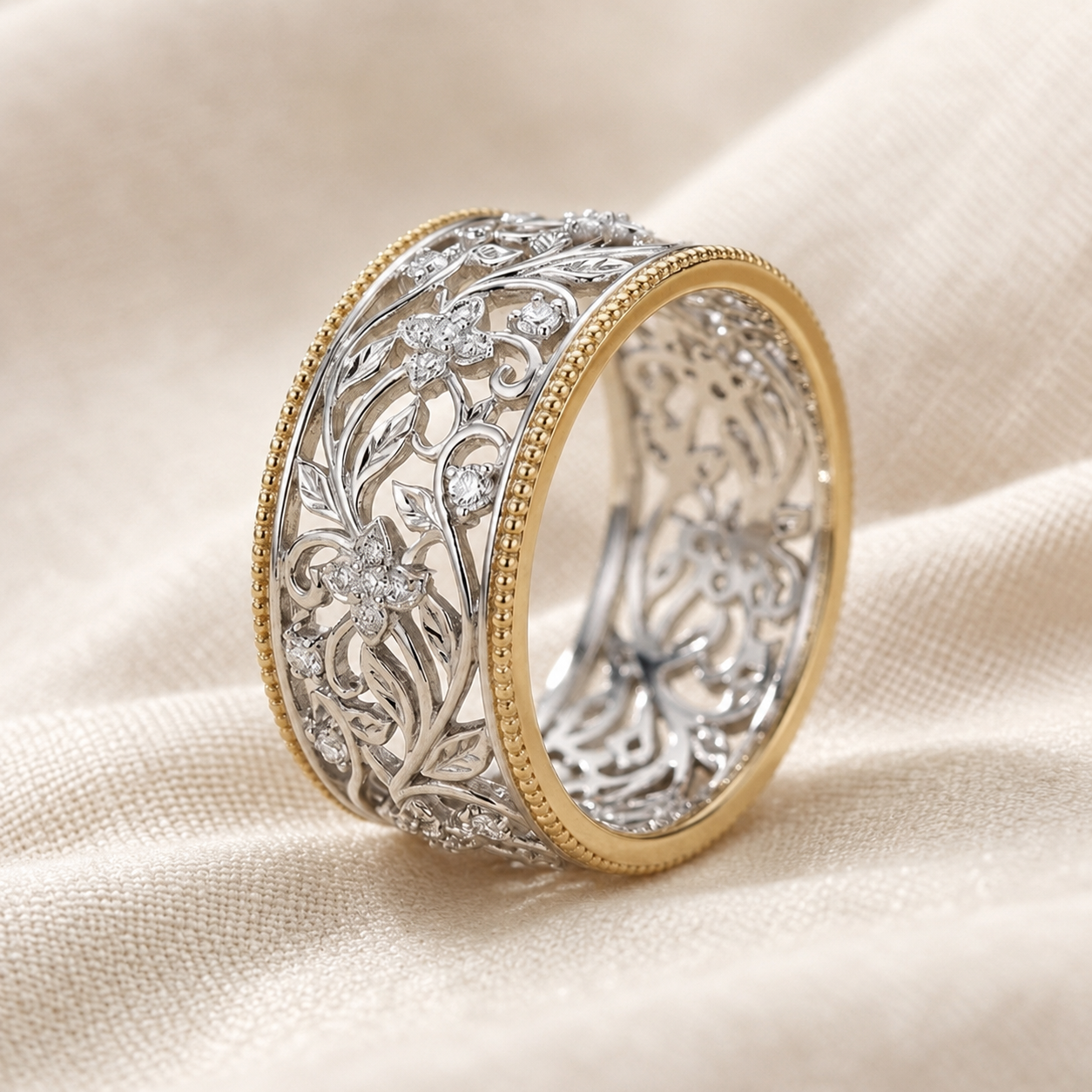 Silver and Gold Ornate Band Ring