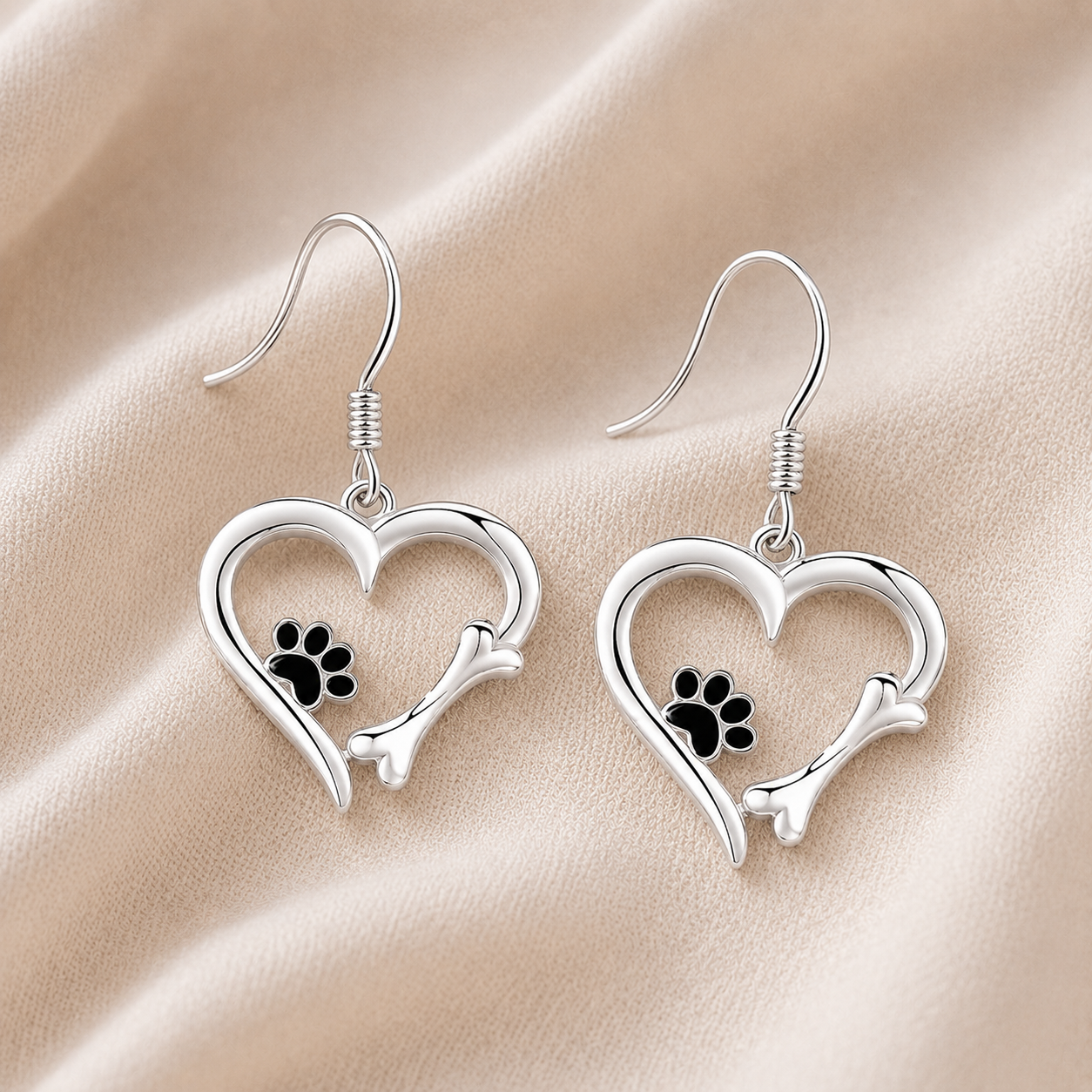 Yaritza™ – Silver Paw & Heart Drop Earrings
